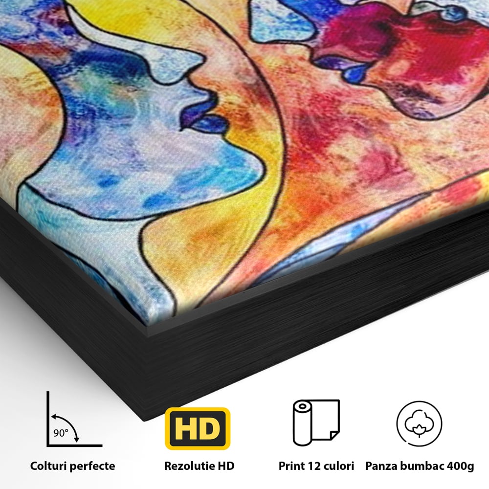 Detaliu al suprafetei: tablou canvas cu doua chipuri profil, in rama de aluminiu negru